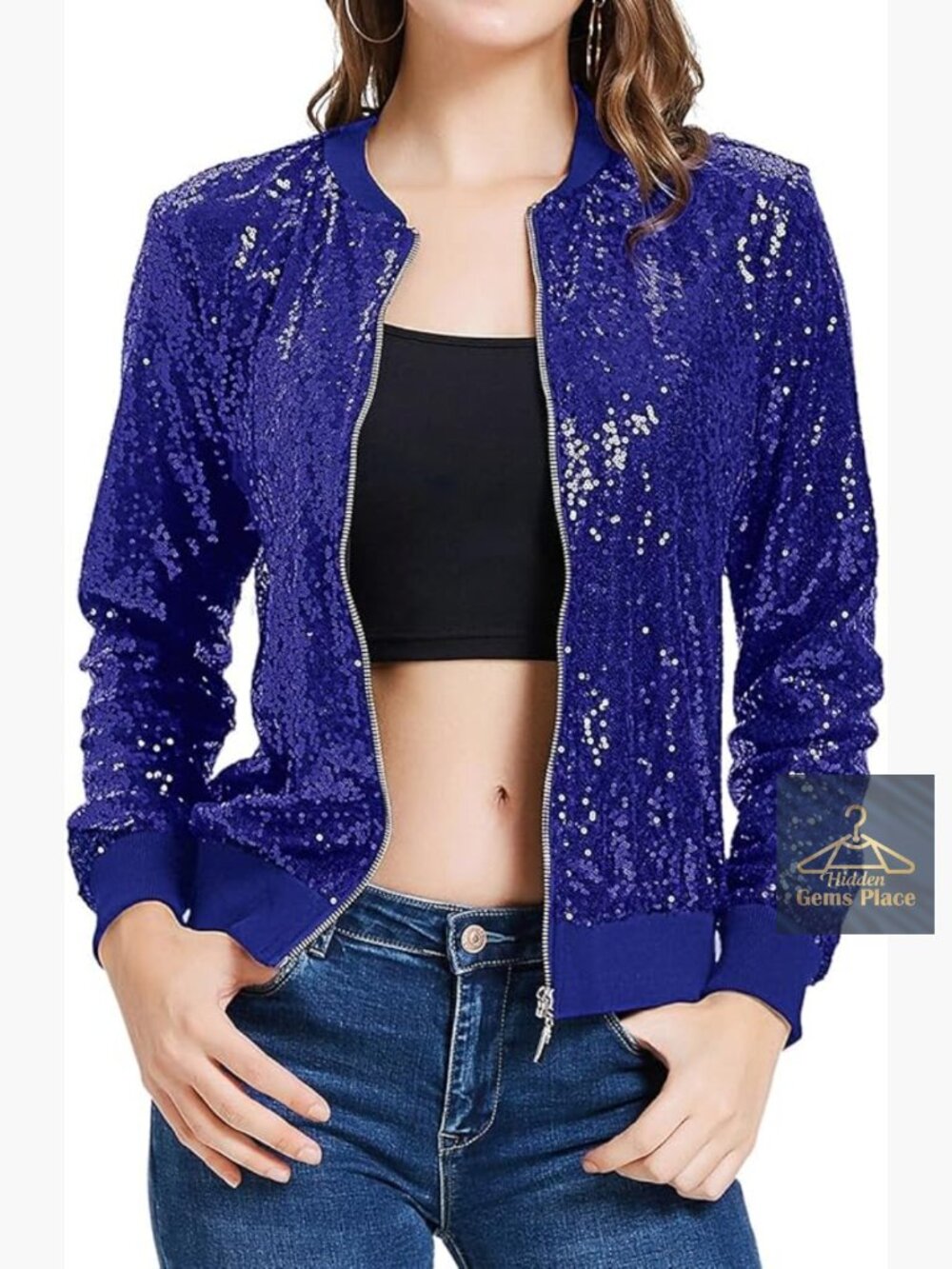 Sequin Jacket with Pockets Long Sleeve Front Zip Party Bomber Blazer S-2XL